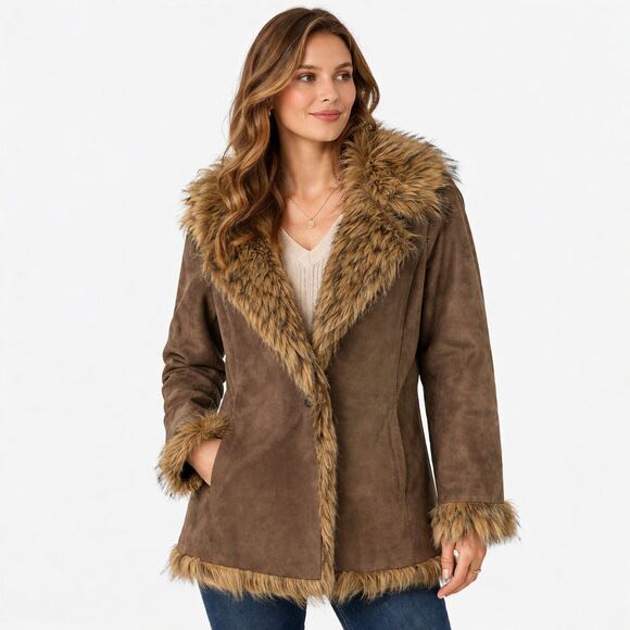 Newport News Jackets & Blazers - Vintage Newport News Leather Coat Womens M Brown Faux Fur Trim Y2K Boho